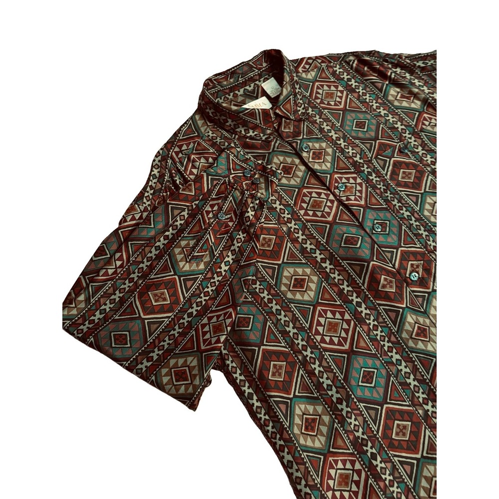 Vtg 80s Summa 100% Silk Shirt Mens L Button Up Long Sleeves Aztec Tribal Disco